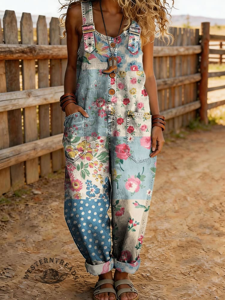 Women's Vintage Floral Print Casual Denim Jumpsuit