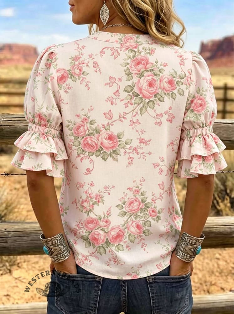 Women's Floral Print Puff Sleeve Casual Shirt