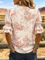 Women's Floral Print Puff Sleeve Casual Shirt