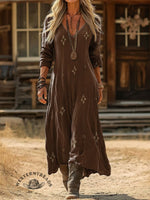 Women's Vintage Aztec Art Print Pocket Cotton V-neck Long-sleeve Dress