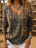 Vintage Art Print Casual V-Neck Sweater