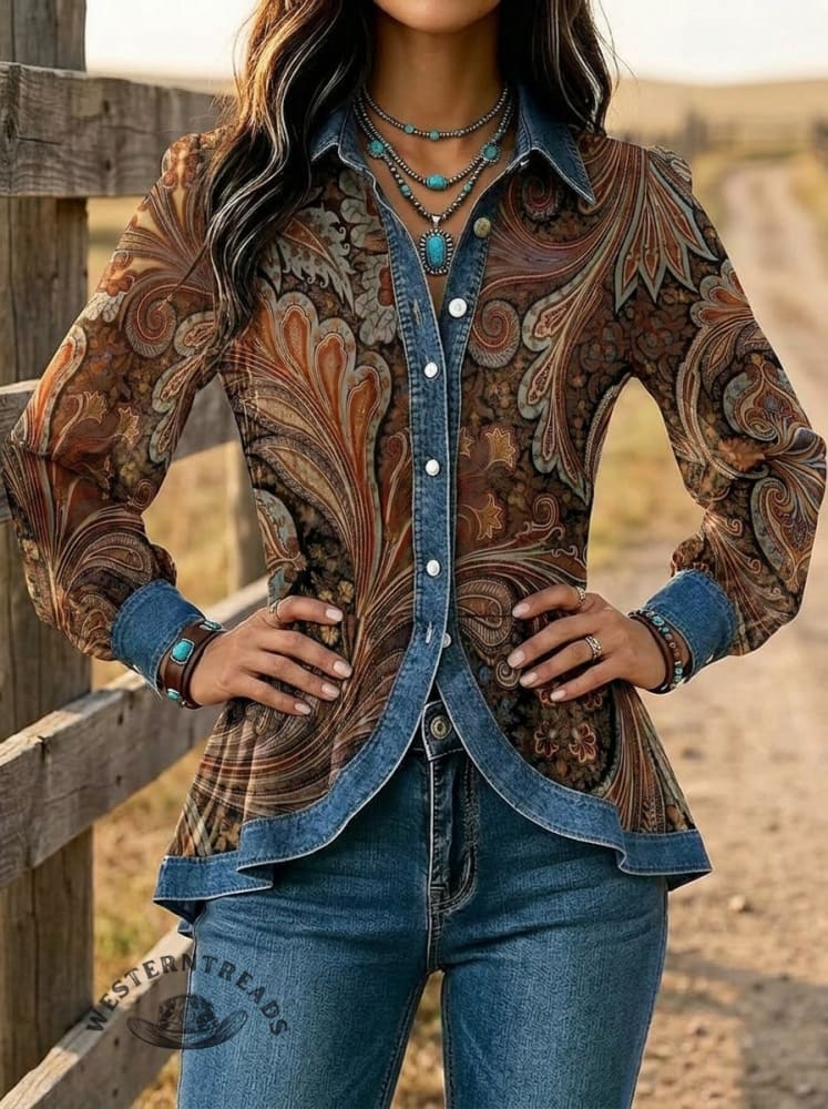 Women's Vintage Printed Casual Denim Patchwork Casual Shirt