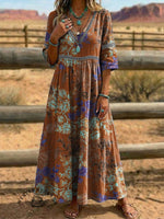 Women's Vintage Floral Print V-neck Hollow 3/4 Sleeve Dress
