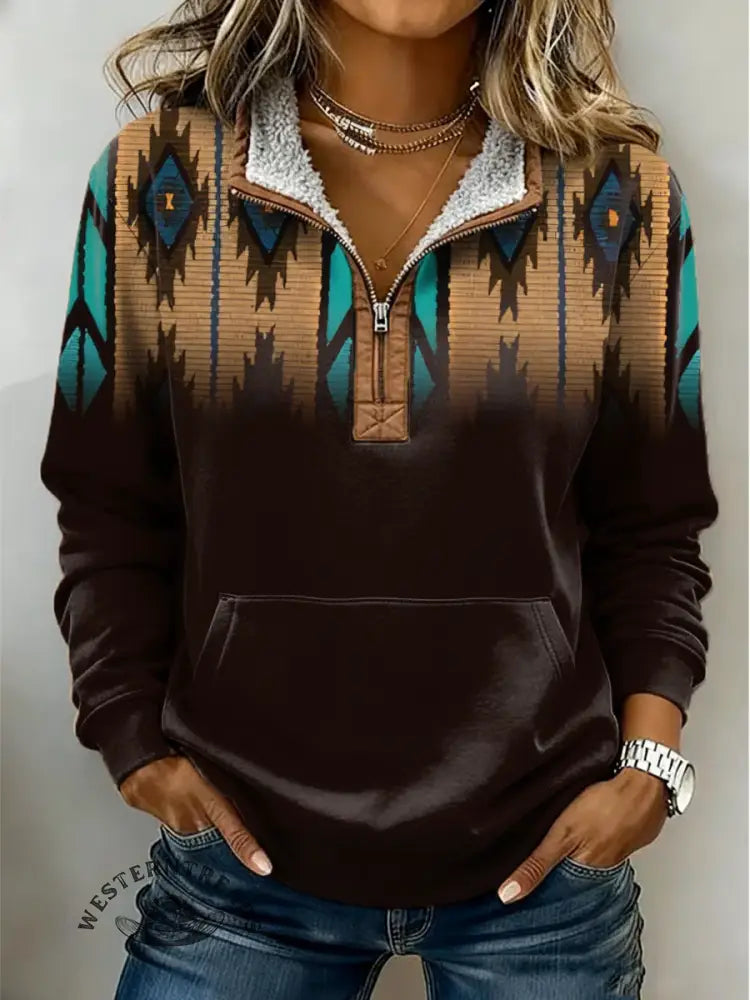 Aztec Art Pattern Casual Half-Zip Cotton Sweatshirt