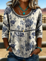 Women's Vintage Floral Print Casual Hollow Lace Denim Shirt