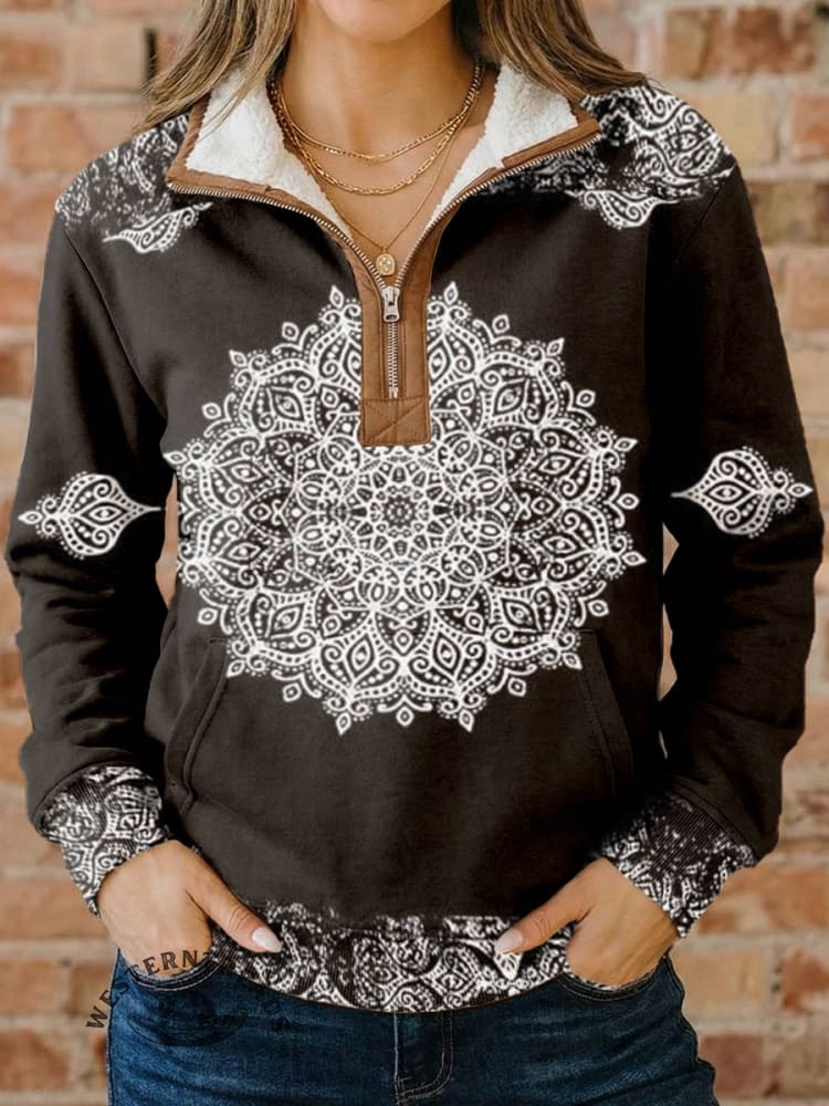 Vintage Print Casual Half-zip Cotton Sweatshirt