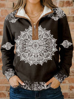 Vintage Print Casual Half-zip Cotton Sweatshirt