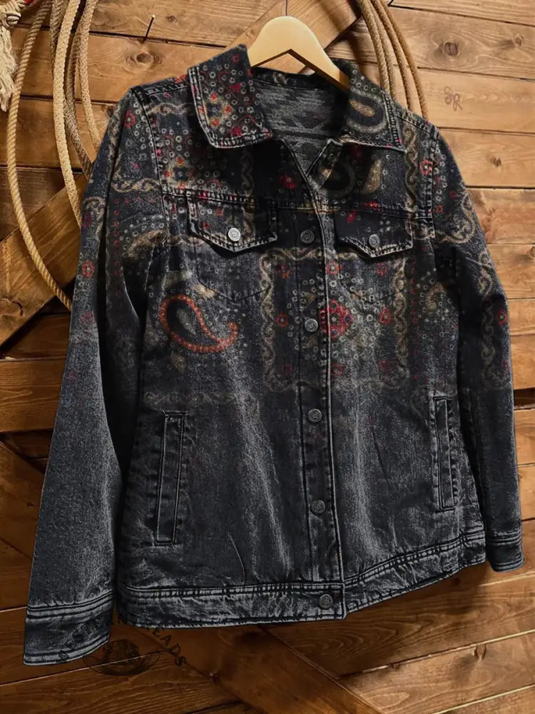 Vintage Paisley Art Print Casual Denim Jacket