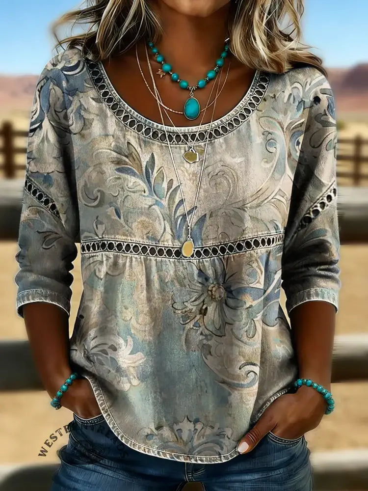 Retro Floral Print Casual Hollow Denim Shirt