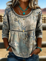 Retro Floral Print Casual Hollow Denim Shirt
