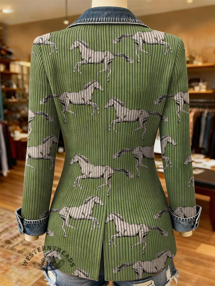 Retro Horse Pattern Print Patchwork Denim Sweater Cardigan Coat