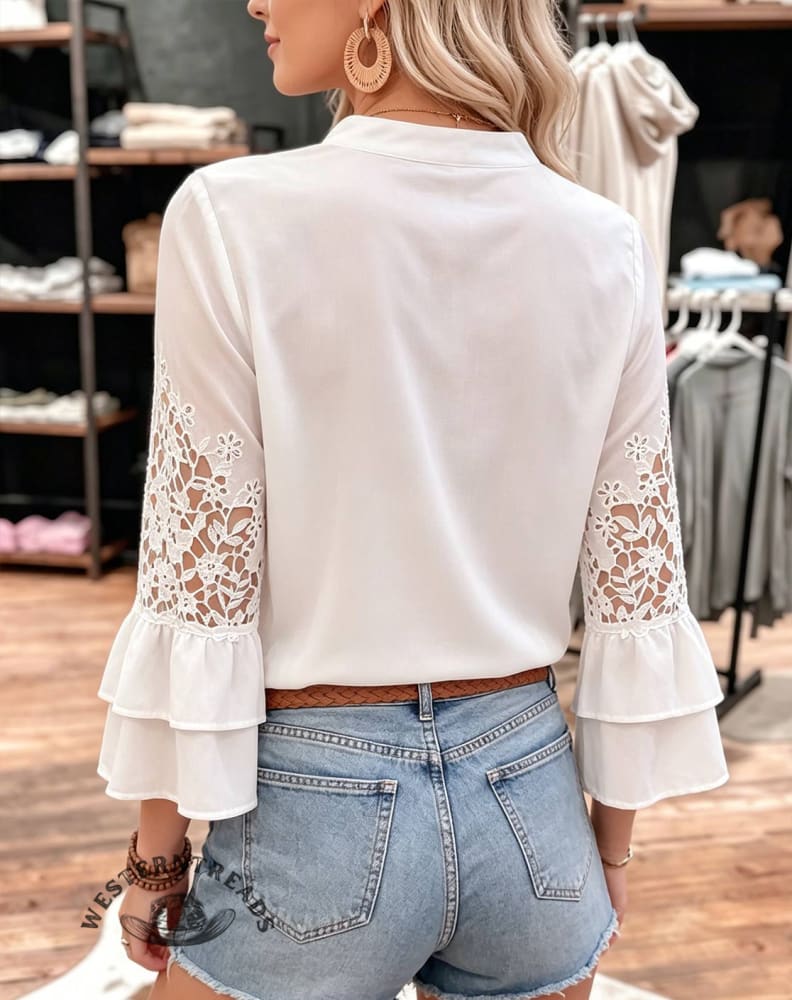 Lace Patchwork Boho Blouse • Ruffled V-neck Button Top