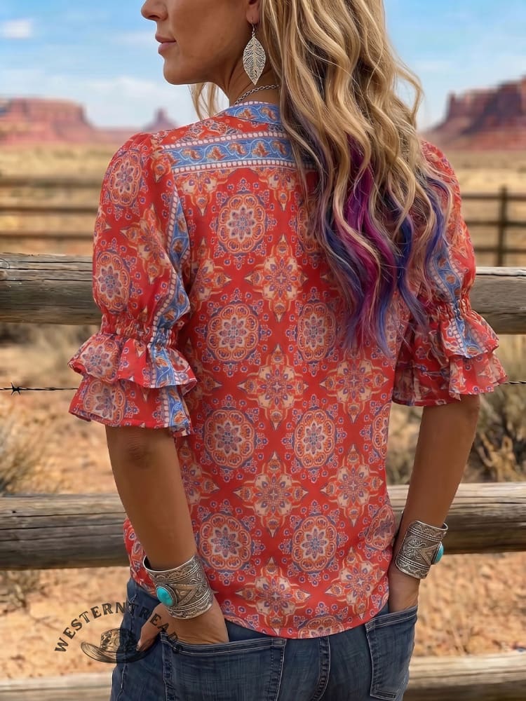 Vintage Art Print Comfortable Summer Fabrics Puff Sleeve Casual Shirt