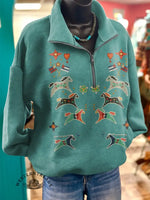 Vintage Art Print Casual Long Sleeve Zip Sweatshirt