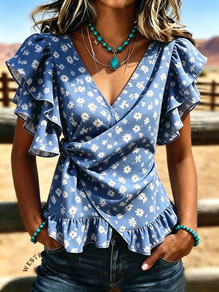 Women's Vintage V-neck Pleated Waist Patchwork Chiffon Casual Shirt