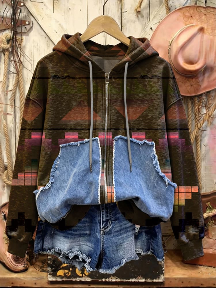 Retro Print Casual Cotton Patchwork Hooded Zip-up Sweatshirt