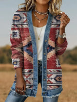 Vintage Retro Aztec Art Print Casual Cotton Patchwork Denim Coat