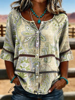 Women's Vintage Floral Print Casual Hollow-Out Denim Shirt