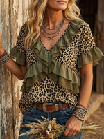 Women's Vintage Leopard Print Casual Patchwork Ruffle Shirt