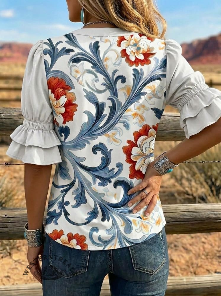 Women's Retro Floral Art Puff Sleeve Casual Shirt
