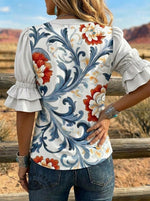 Women's Retro Floral Art Puff Sleeve Casual Shirt