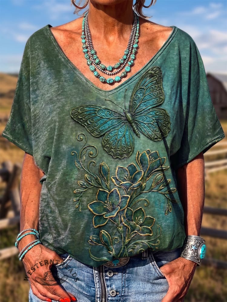 Women's Vintage Atr Print V-neck T-shirt
