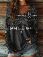 100% Cotton🍃Women's Aztec Print Casual V-neck Long Sleeve T-shirt