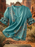 Vintage Peacock Feather Art Print V-neck Puff Sleeve Ruffle Shirt