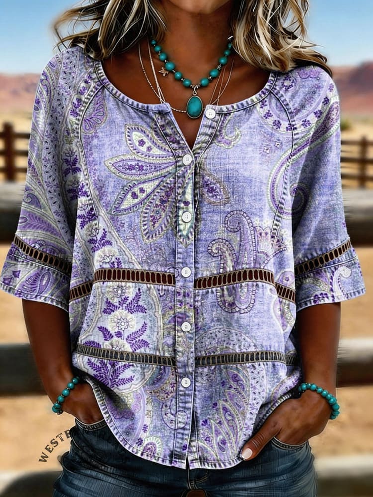 Women's Vintage Floral Print Casual Hollow-Out Denim Shirt