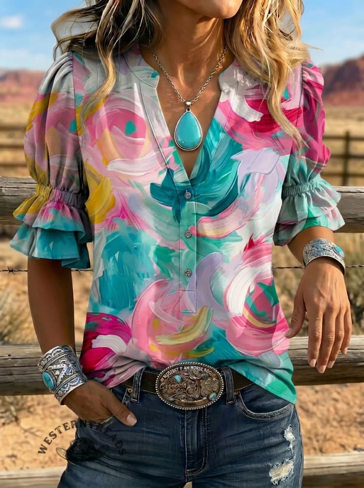 Women's Retro Floral Art Puff Sleeve Casual Shirt