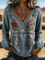 Women's Vintage Printed V-Neck Hollow Casual Shirt