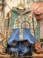 Retro Print Casual Cotton Patchwork Hooded Zip-up Sweatshirt