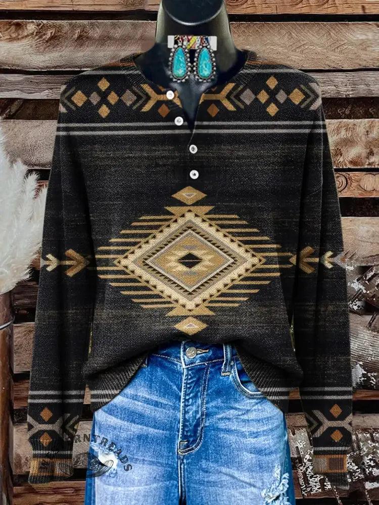 Retro Aztec Art Print Buttoned Cardigan Sweater