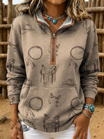 Retro Western Print Casual Half-zip Cotton Sweatshirt