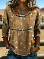 Retro Heart Print Casual Hollow Denim Shirt