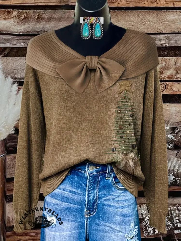 Vintage Christmas Print Casual Knitted Hoodie Sweater