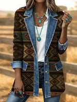 Retro Aztec Art Print Patchwork Denim Sweater Cardigan Coat