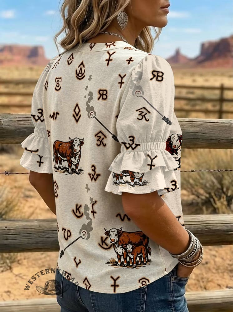 Women's Cow Brand Print Puff Sleeve Casual Shirt
