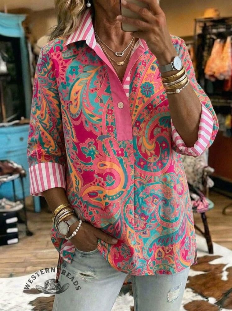 Women's Paisley Art Print Casual 3/4 Sleeve Shirt