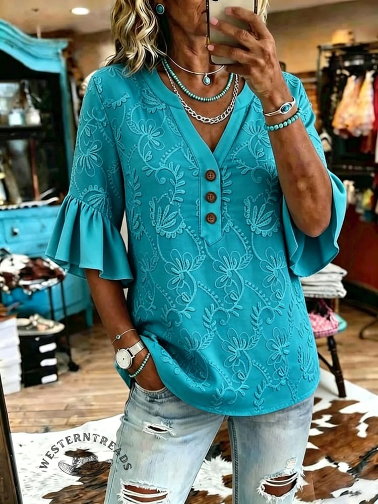 Women's Vintage Flower Ruffle Neck Cotton Top