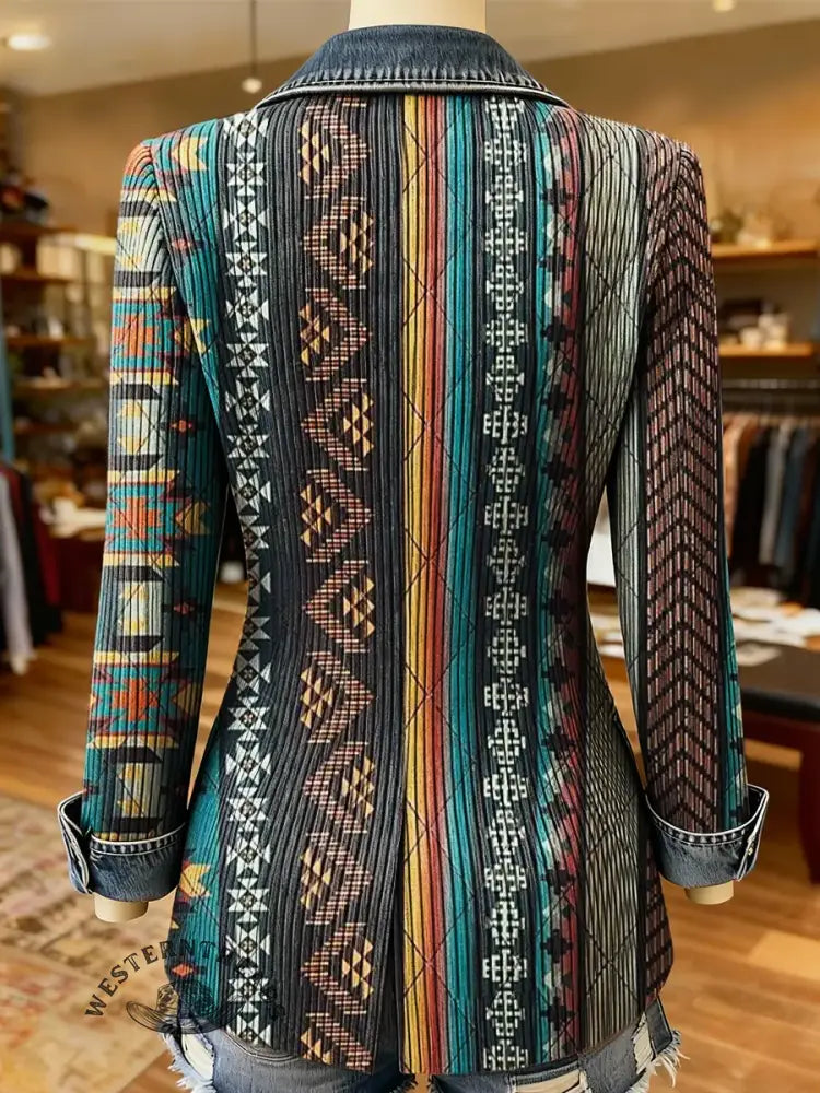 Aztec Art Print Patchwork Denim Sweater Cardigan Coat