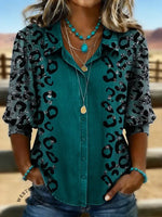 Women's Retro Leopard Casual Puff Sleeve Denim Shirt
