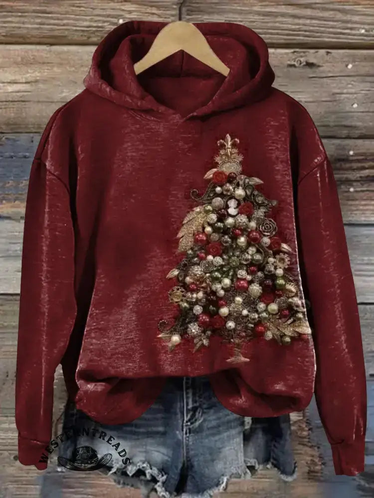 Vintage Christmas Tree Print Casual Cotton Sweatshirt