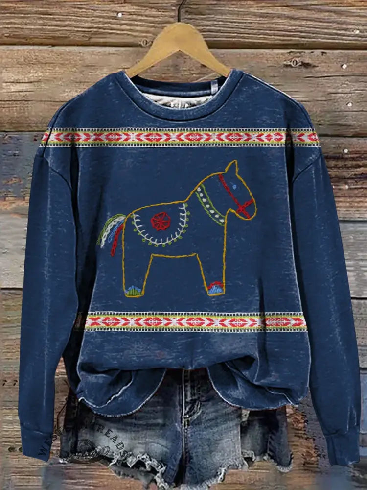 Ethnic Horse Art Print Casual Cotton Sweatshirt
