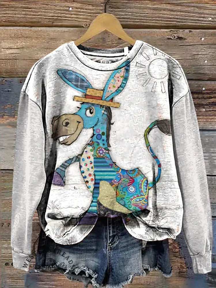 Retro Donkey Art Print Casual Cotton Sweatshirt