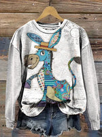 Retro Donkey Art Print Casual Cotton Sweatshirt