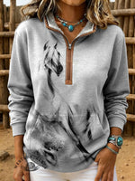Retro Horse Print Casual Half-zip Cotton Sweatshirt