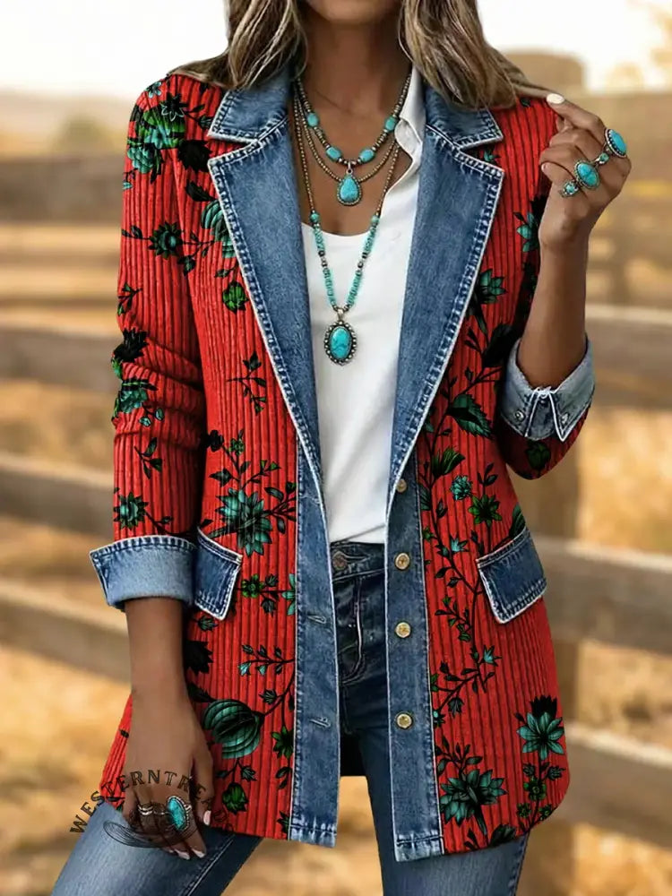 Retro Floral Print Patchwork Denim Sweater Cardigan Coat
