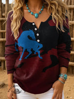 Retro Horse Art Print Buttoned Cardigan Sweater