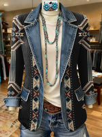Aztec Print Patchwork Denim Sweater